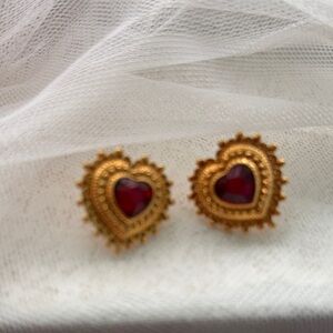 Avon Vintage Gold-Tone Heart Stud Earrings with Red Stone Hearts